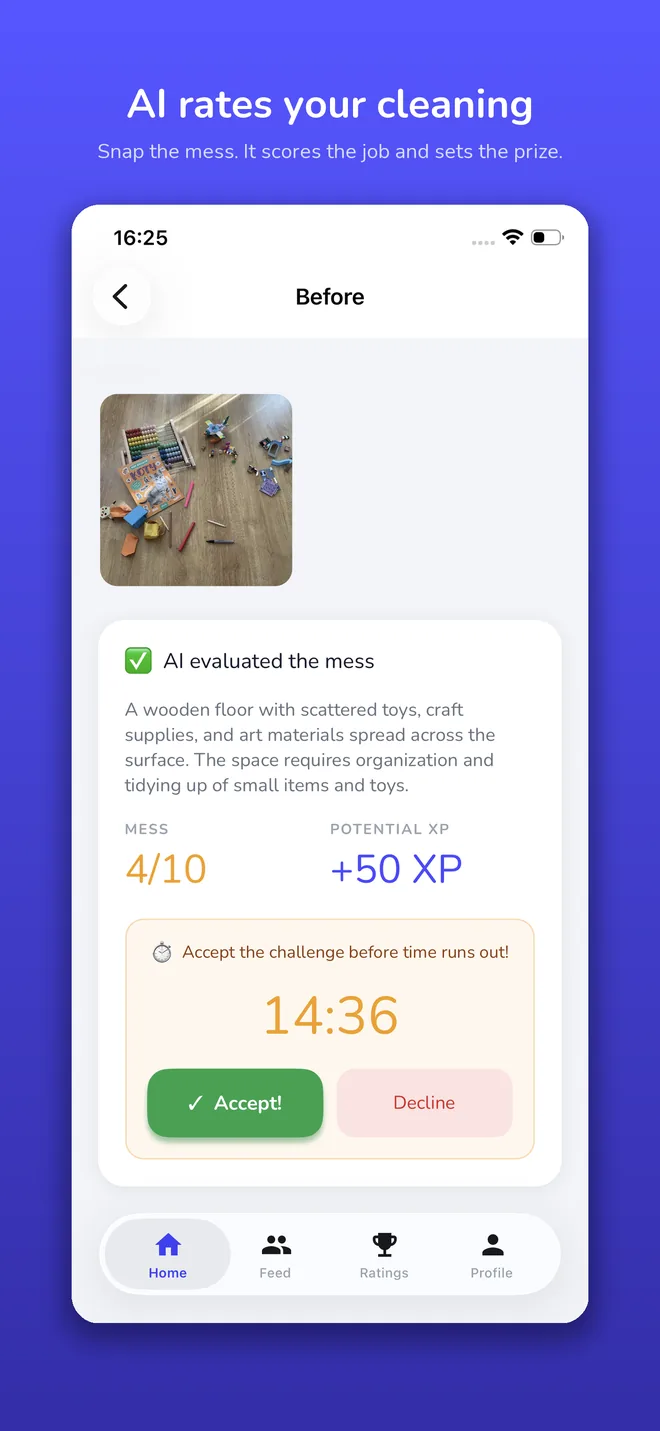 The app rating a photographed mess: 4 out of 10, worth 50 XP